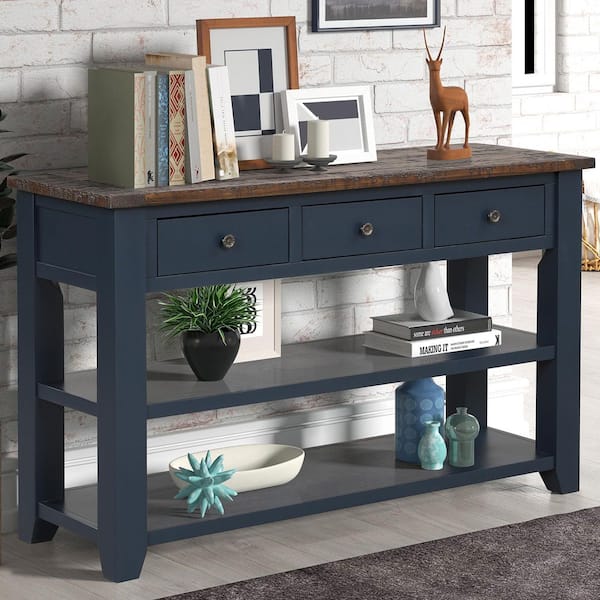 ANBAZAR 49 in. Blue Rectangle Distressed Wood Top Console Table with Storage Drawers and Shelves