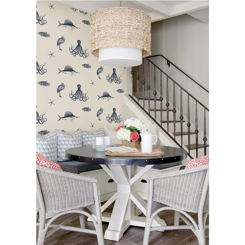 Navy and White Sea Creature Coastal Wallpaper