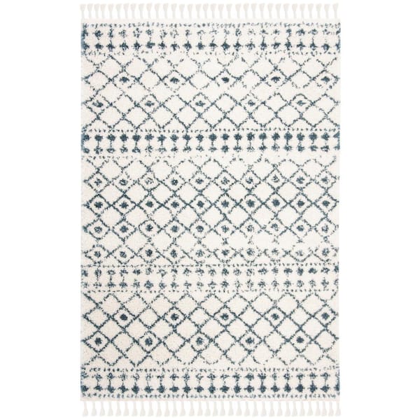 SAFAVIEH Berber Fringe Shag Cream/Blue 5 ft. x 7 ft. Ikat Area Rug