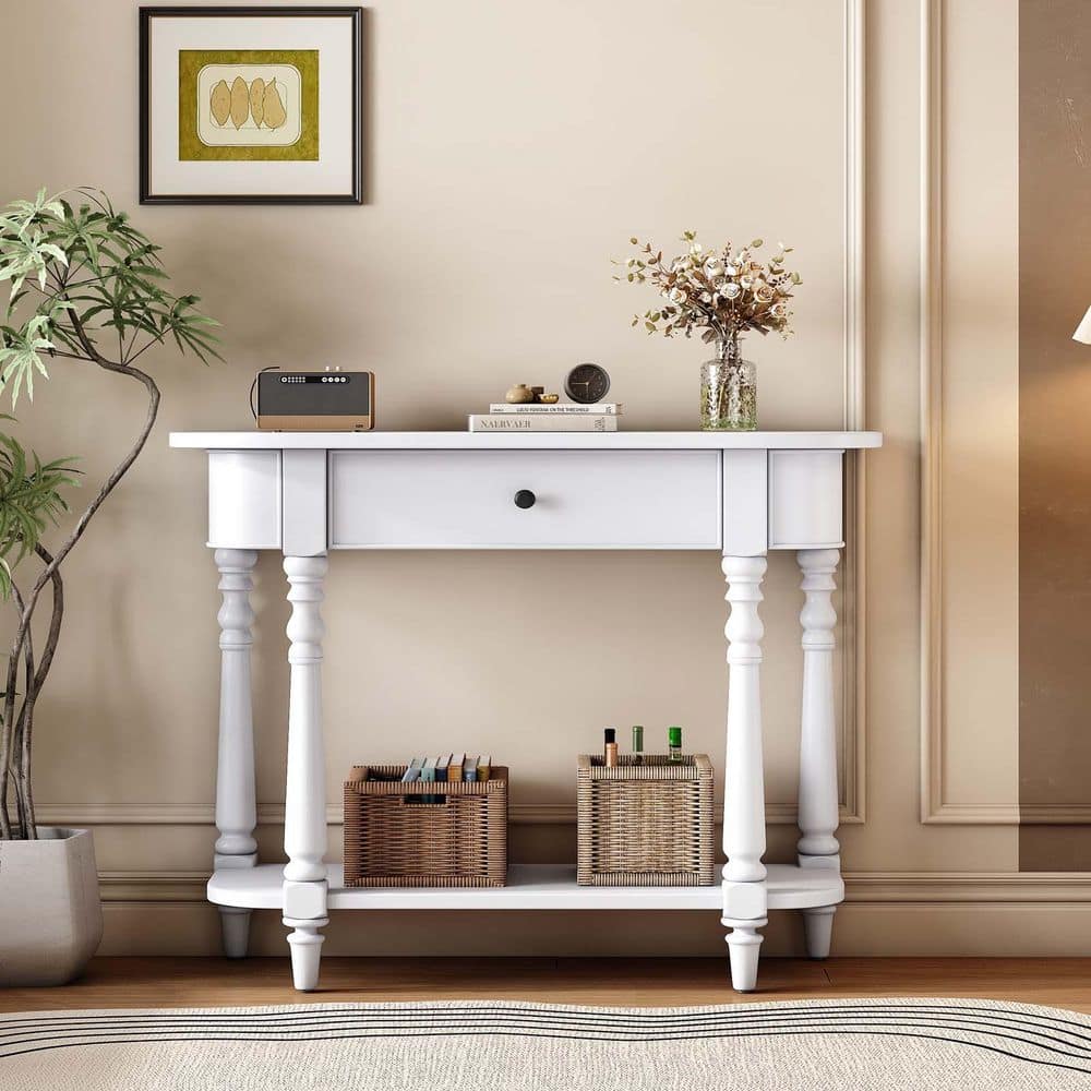 36 in. White Rectangle MDF Narrow Console Table Retro Entryway Table Consol