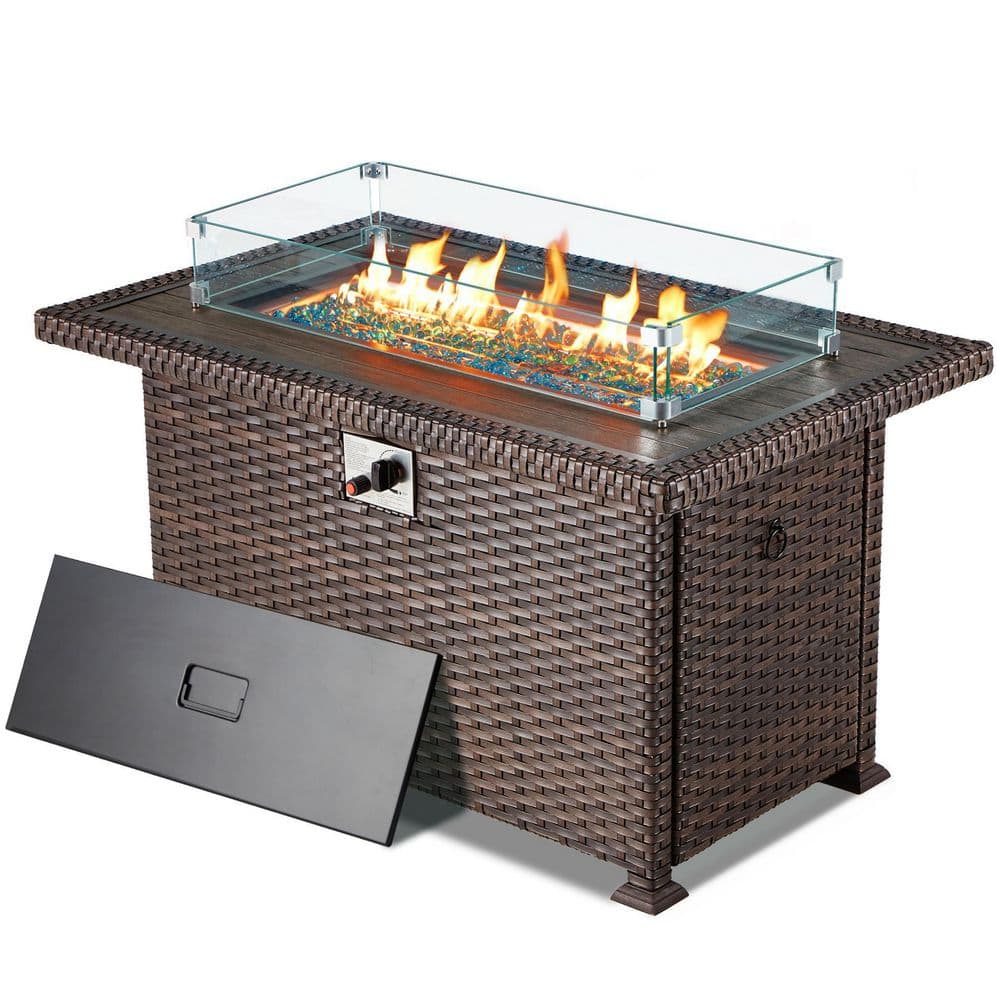 44 in. Brown Propane Gas Fire Pit Table 50,000 BTU Outdoor Wicker with ...
