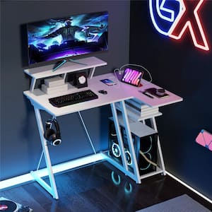 42.5 in. L-Shaped White Wood Desk with Outlets and USB Ports Monitor Shelf Headphone Hook