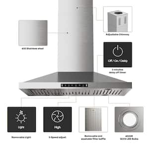 "30 in. 400 CFM Ducted Quiet Island Range Hood with Touch panel 4 LED light and Gesture Control in Stainless Steel"