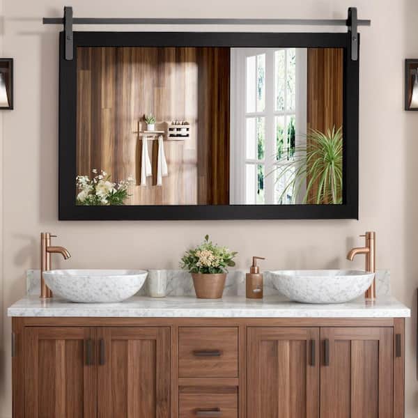 CLAVIE 40 in. W x 26 in. H Medium Rectangular Mirror Wood Framed Wall Mounted Mirrors Bathroom Vanity Mirror in Matte Black