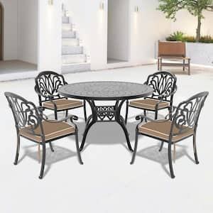 Elizabeth Black 5-Piece Cast Aluminum Outdoor Dining Set with Round Table, Dining Chairs and Random Color Seat Cushion