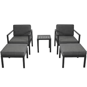 Black Outdoor 5-piece Aluminum Alloy Patio Conversation Sets with Chairs, Stools, Table and Gray Cushions