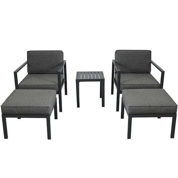 Unbranded Black Outdoor 5-piece Aluminum Alloy Patio Conversation Sets with Chairs, Stools, Table and Gray Cushions