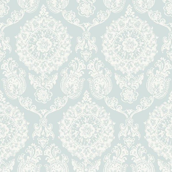 Chesapeake Helm Damask Blue Floral Medallion Matte Paper Pre-Pasted Wallpaper Sample