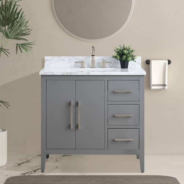 Vanity Art 36 in. W x 22 in. D x 38 in. H Single Sink Bathroom Vanity Cabinet in Cashmere Gray with Engineered Marble Top in White