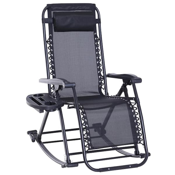 FORCLOVER Black Metal Outdoor Rocking Chair, Zero Gravity Recliner Lounge Chairwith Cup Holder(in Black)