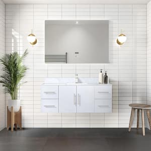 Geneva 48 in. W x 22 in. D Glossy White Bath Vanity, Carrara Marble Top and 48 in. LED Mirror
