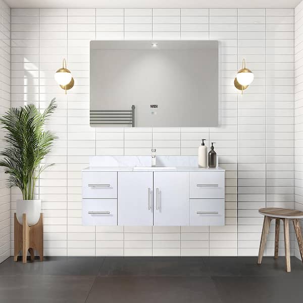 Lexora Geneva 48 in. W x 22 in. D Glossy White Bath Vanity, Carrara Marble Top and 48 in. LED Mirror