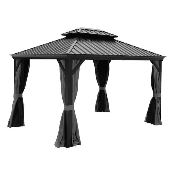ANGELES HOME 9.45 ft. x 11.59 ft. Hardtop Gazebo with Netting and Curtain in Black
