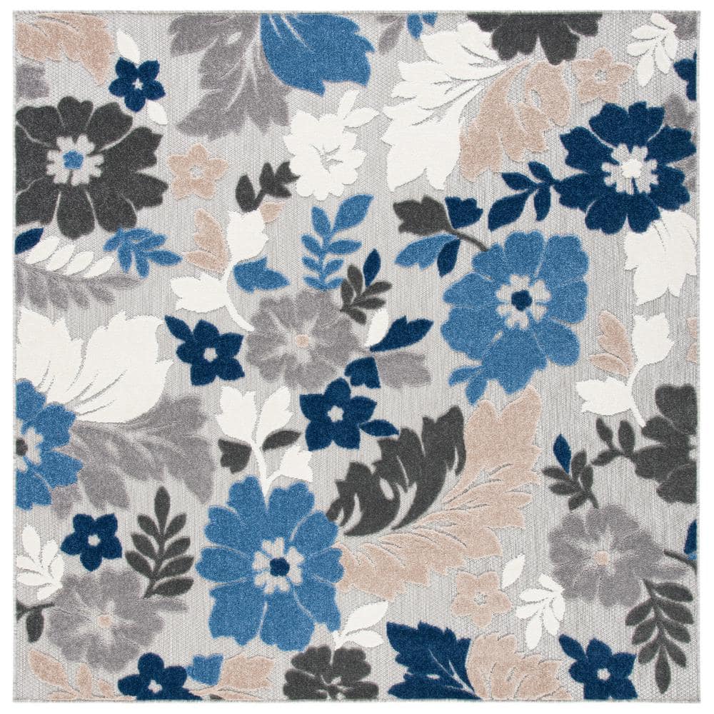 Cabana Grey/Blue Floral Reversible Synthetic Square Rug - 7' x 7'