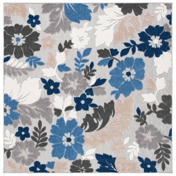 SAFAVIEH Cabana Gray/Blue 7 ft. x 7 ft. Floral Liberty Indoor/Outdoor Patio  Square Area Rug