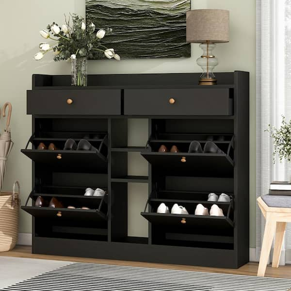 Black Free Standing Multifunctional 2 Tier Shoe Storage Cabinet Organizer with 4 Flip Drawers for Entrance Hallway