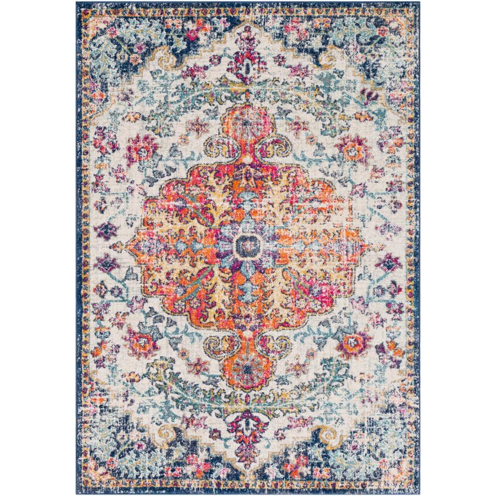 Orange and Navy Synthetic 4' x 6' Vintage Medallion Area Rug