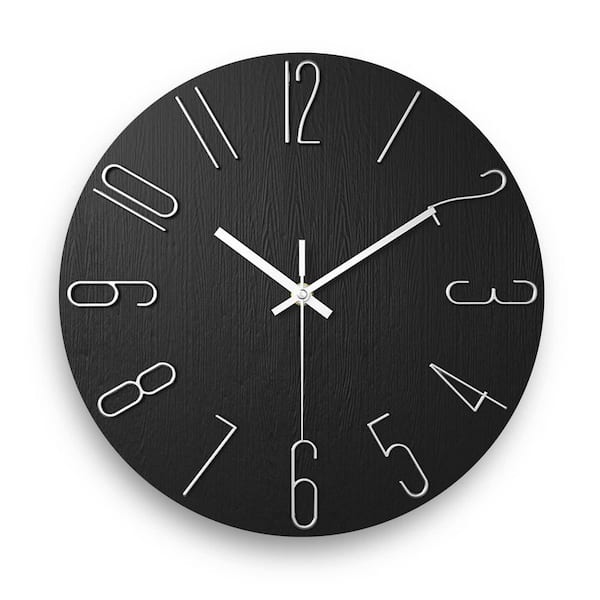 12 in. Modern Wall Clock for Offices, Living Rooms, Kitchens, Homes and Schools, Black