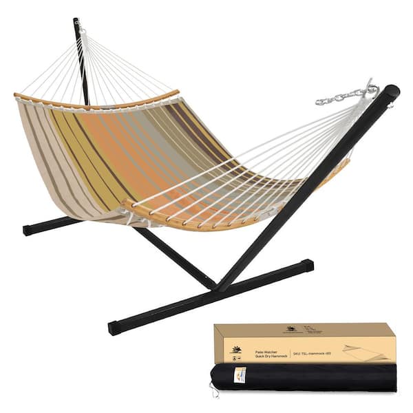 PATIOGUARDER Outdoor Double Quick Dry Hammock Folding Portable Hammock with Stand in Coffee Stripes