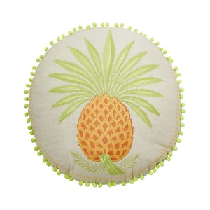 Queenie Orange/White Pineapple Embroidered Down Alternative 18 in. Round Throw Pillow