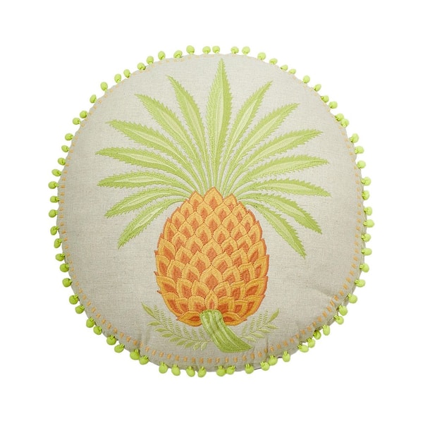 Peking Handicraft, Inc. Queenie Orange/White Pineapple Embroidered Down Alternative 18 in. Round Throw Pillow