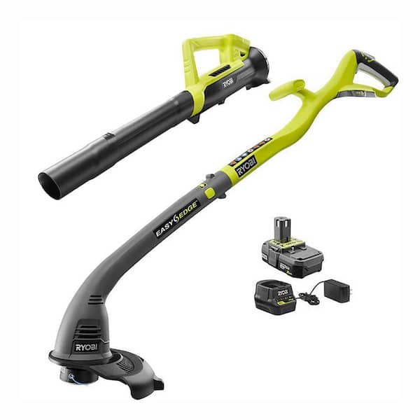 RYOBI ONE+ 18V Cordless String Trimmer/Edger and Blower/Sweeper Combo Kit with 2.0 Ah Battery and Charger