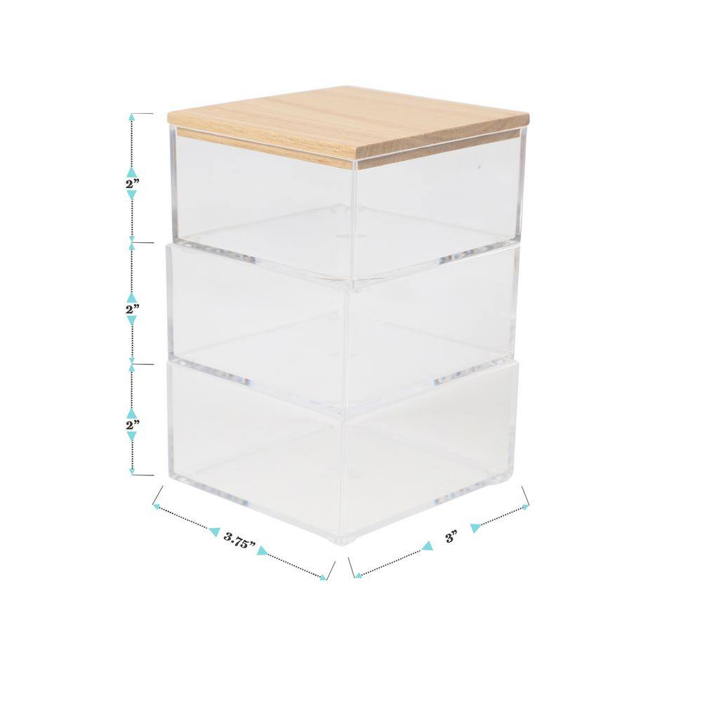 Clear Stackable Plastic Storage Bins with Wooden Lid, 3 Pack