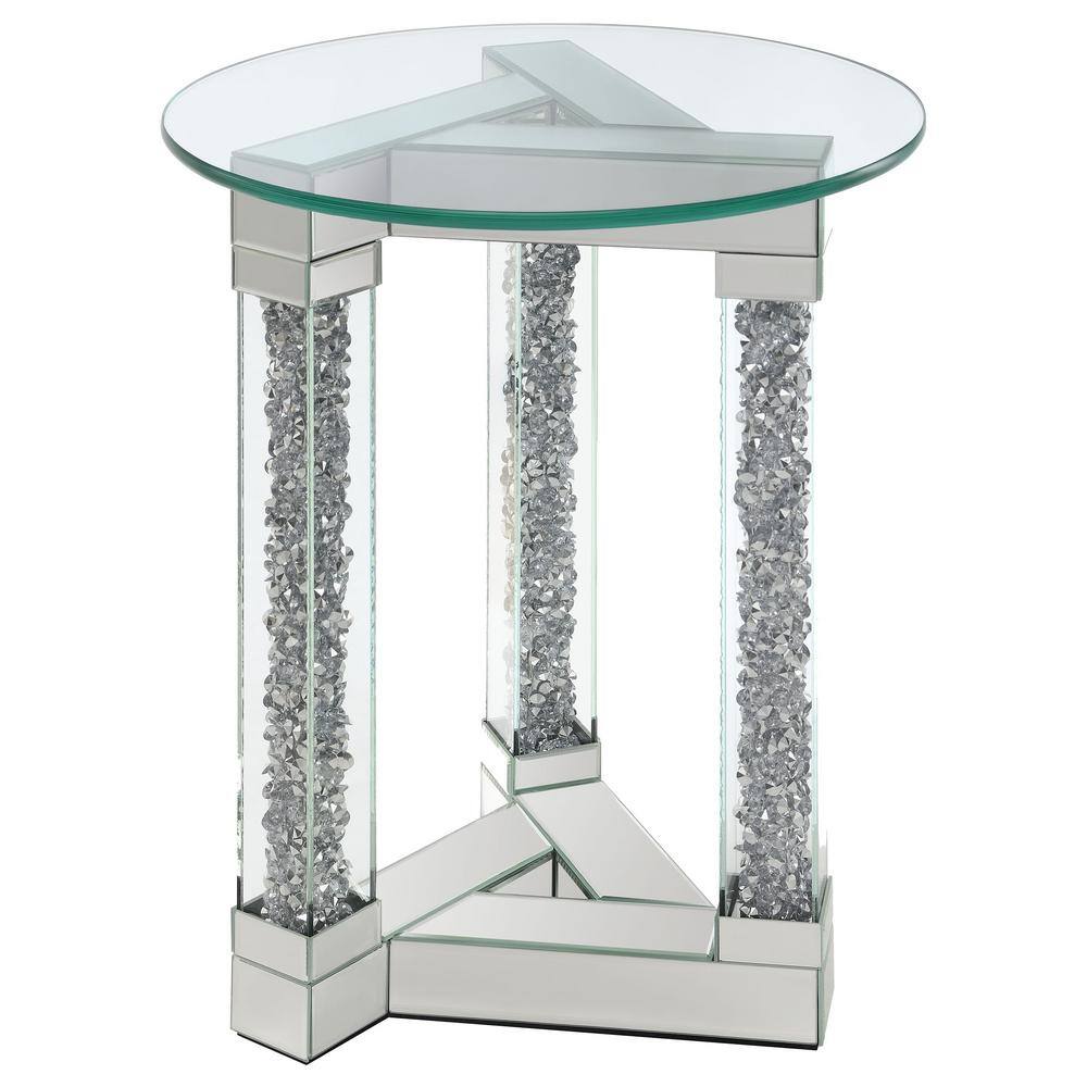 Round Mirrored Glass Accent Table with Silver Encrusted Legs