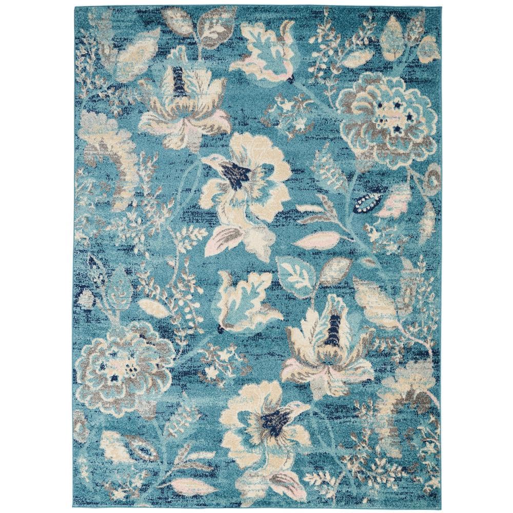 Turquoise Floral Synthetic Rectangular 5' x 7' Area Rug