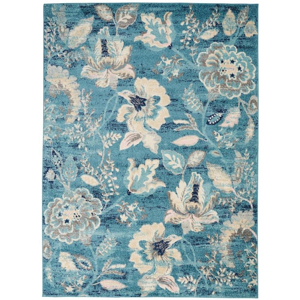 Nourison Tranquil Turquoise 5 ft. x 7 ft. Floral Modern Area Rug