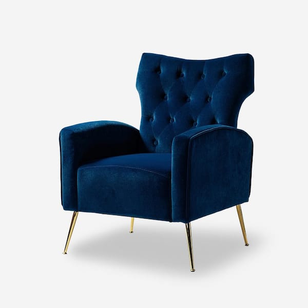 JAYDEN CREATION Brion Navy Velvet Wingback Chair with Tufted Cushions (Set of 1)