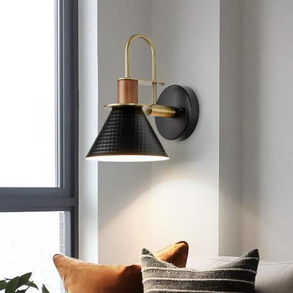 6.89 in. 1 Light Matte Black Industrial Wall Sconce Vanity Light Gooseneck Barn Wall Lamp with Hammered Metal Shade