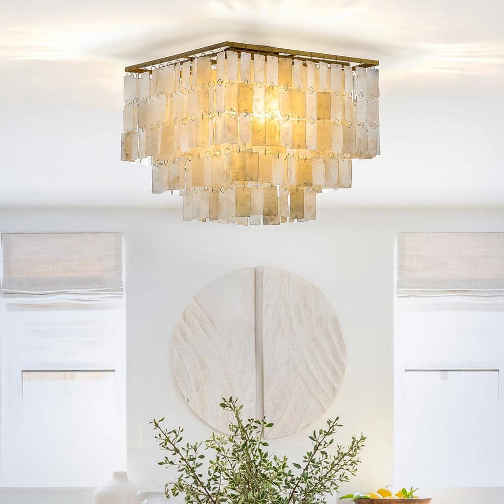 16 in. 3-Light Square Antique Gold Coastal Tiered Flush Mount Ceiling Light