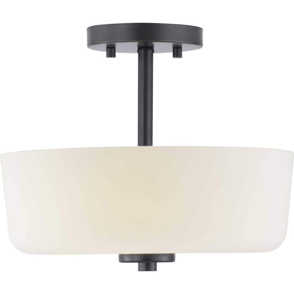 Tobin Matte Black and Etched White Glass 2-Light Semi-Flush Ceiling Fixture