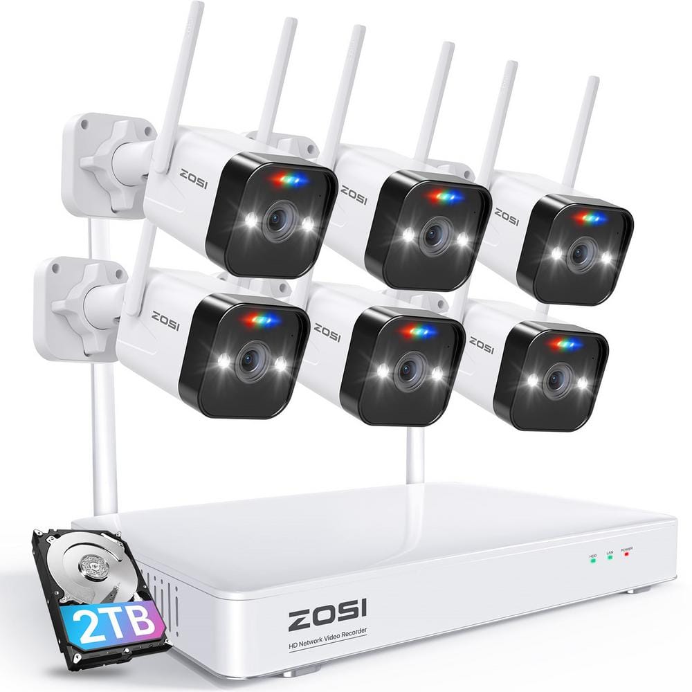 ZOSI 8-Channel 3MP 2K 2TB NVR Security Camera System Wireless with 6 Outdoor WiFi IP Cameras, 2-Way Audio, Color Night Vision, White -  ZSWNVK-U83062-W