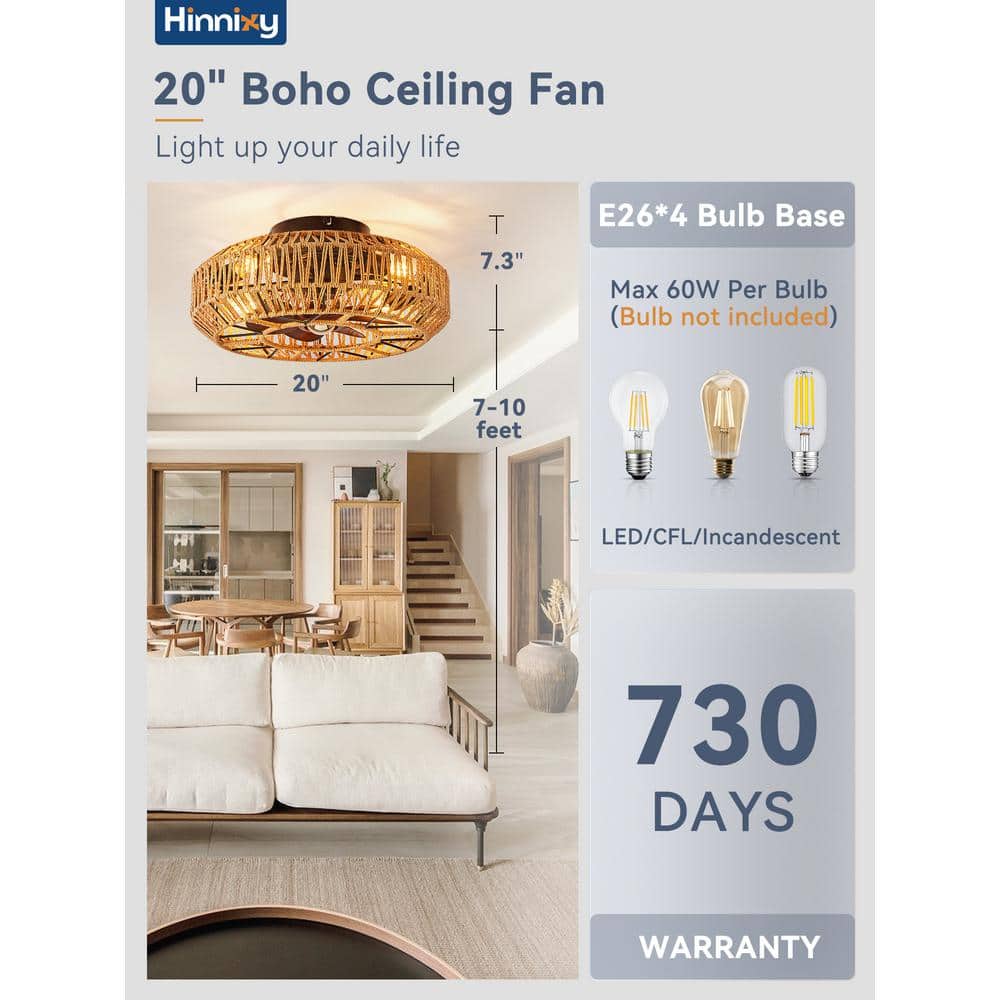20'' Boho Rattan Caged Ceiling Fan with Remote and Light