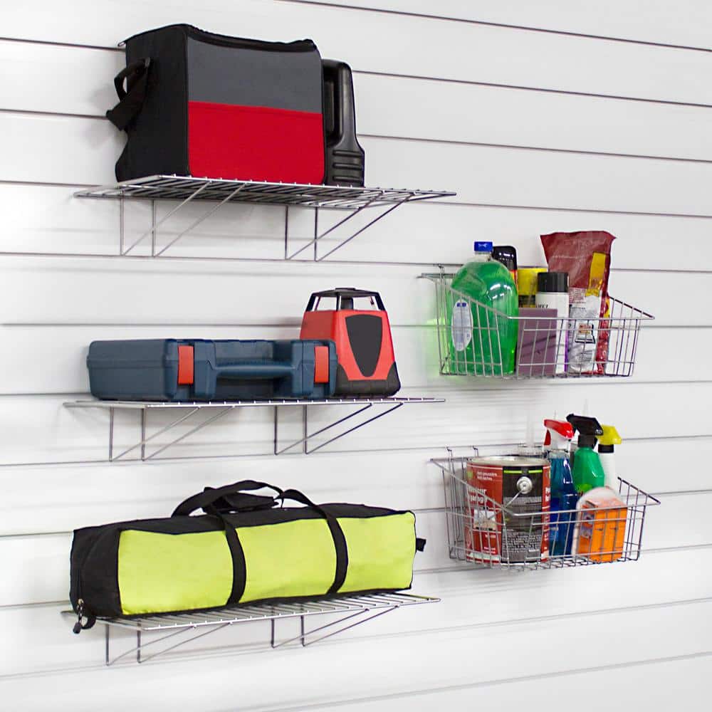 Chrome Steel Slatwall Shelves and Baskets Set