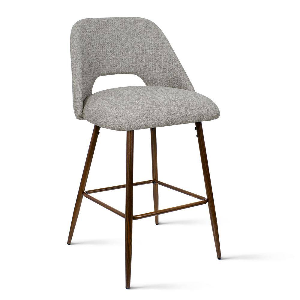 Gray Upholstered Counter Stools with Walnut Metal Legs, Set of 2