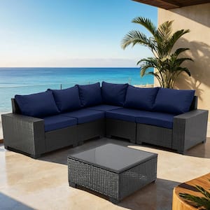 6-Pieces Black Wicker Outdoor Sectional Set with Dark Blue Cushions and Coffee Table