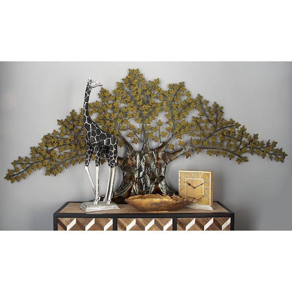 Litton Lane 93 in. x 41 in. Metal Brown Indoor Outdoor Tree Wall Decor with Leaves