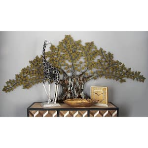 93 in. x  41 in. Metal Brown Indoor Outdoor Tree Wall Decor with Leaves