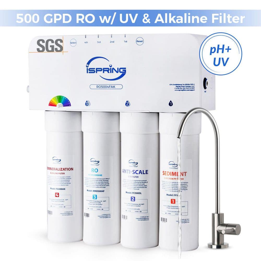 ISPRING Alkaline Tankless Under Sink Reverse Osmosis Water Filter System with UV, 500 GPD, 2:1 Pure to Drain