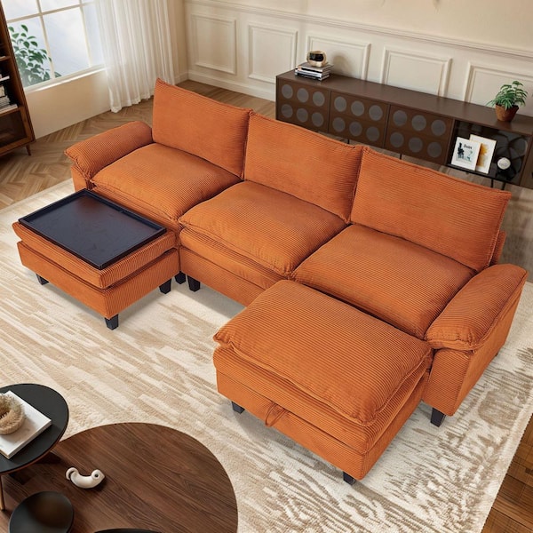 WONDER COMFORT 117.7 in. Pillows Armrests 5-piece U Shaped Corduroy DIY Combination Modular Sectional Sofa in. Caramel with 2 Ottomans