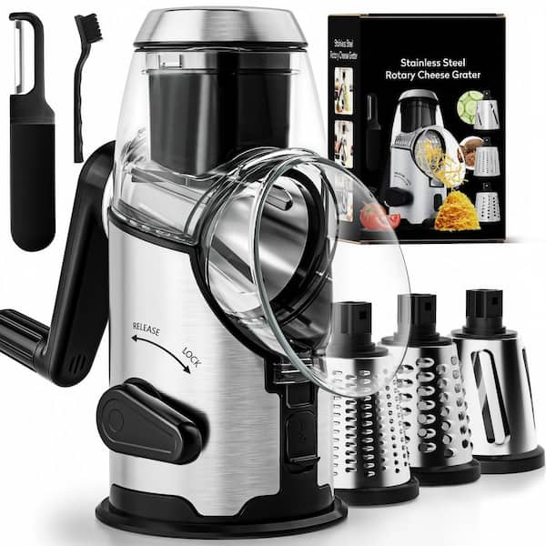 Rotary Cheese Grater with Handle, 3 Stainless Steel Blades, Vegetable and Nut Grinder, Mandoline Slicer with Peeler