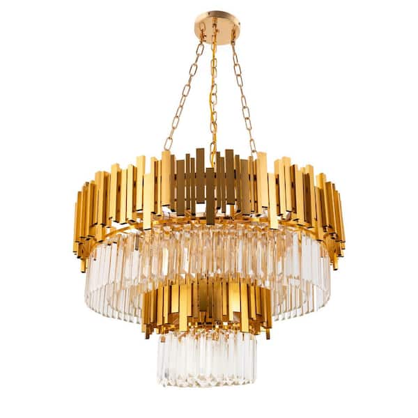 OUKANING 29.13 in. 16-light Gold Modern Round 2-Tier Crystal Raindrop Chandelier for Dining Room Living Room, No Bulbs Included