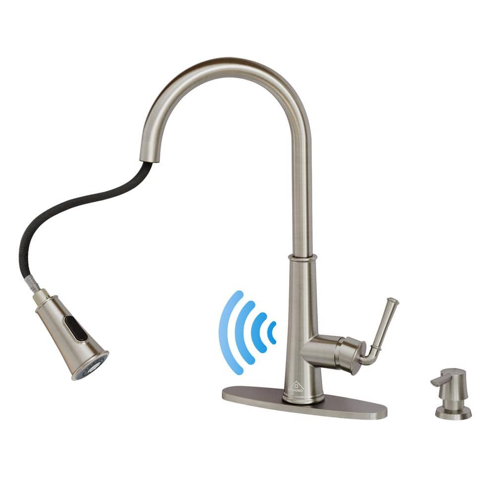 Single-Handle Pull Down Sprayer Kitchen Faucet with Touchless Sensor, LED, Soap Dispenser and Deckplate, Brushed Nickel -  CASAINC, CA-W3085-BN