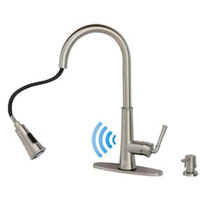 Single-Handle Pull Down Sprayer Kitchen Faucet with Touchless Sensor, LED, Soap Dispenser and Deckplate, Brushed Nickel
