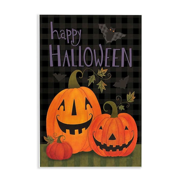 Stupell Industries Pumpkins & Bat on Plaid by Bernadette Deming 1-Piece Unframed Graphic Print Typography Poster Art Print 15 in. x 10 in.