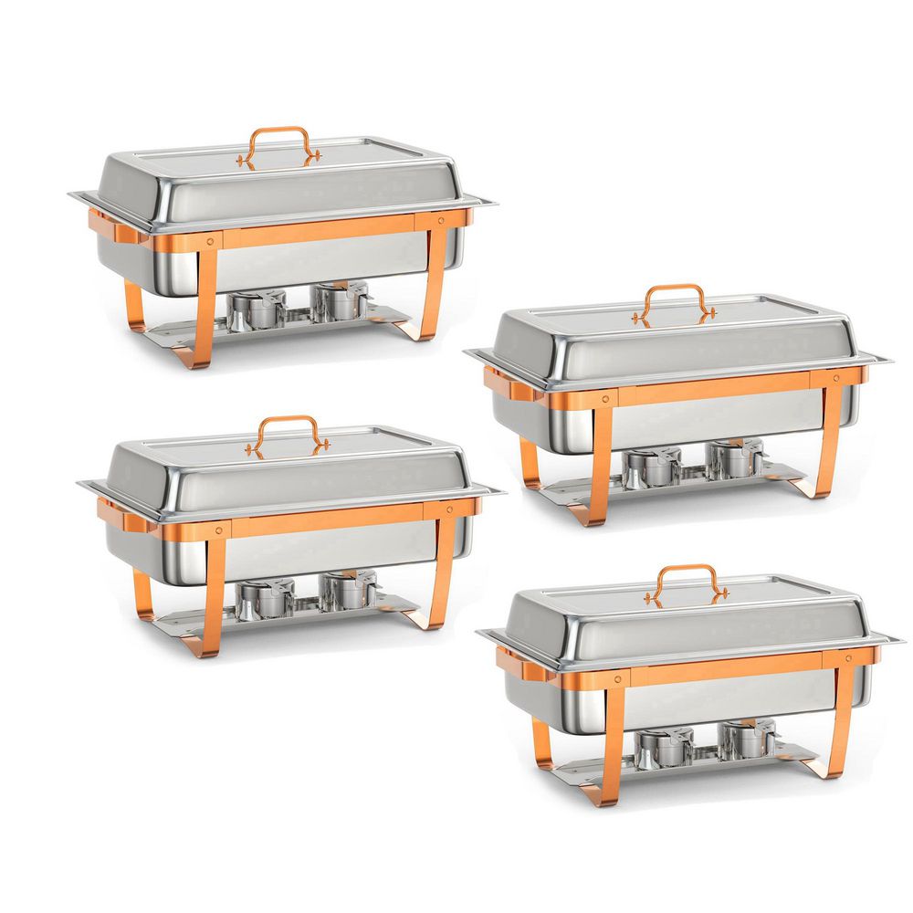 4 Pack 8 Qt. Stainless Steel Rectangular Chafing Dish Buffet Set with Full-Size Pan & Rose Gold Stand