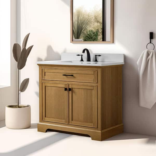 Milano 36 in Single Sink Oak Bath Vanity with White Quartz Top (Assembled)